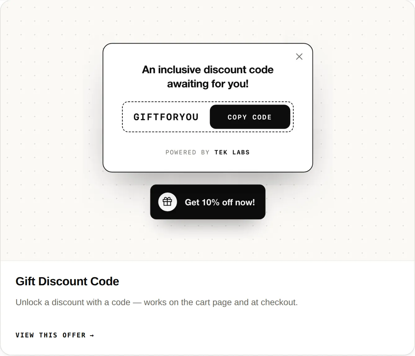 Gift discount code popup with code GIFTFORYOU and a sticky Get 10% off now button