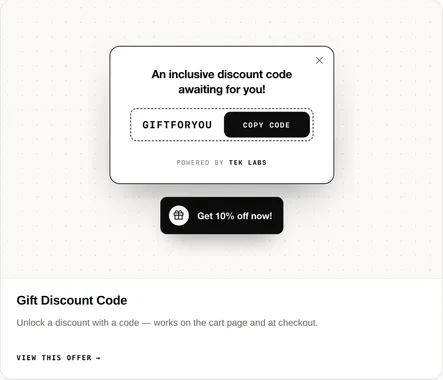 Gift discount code popup with a sticky Get 10% off now button