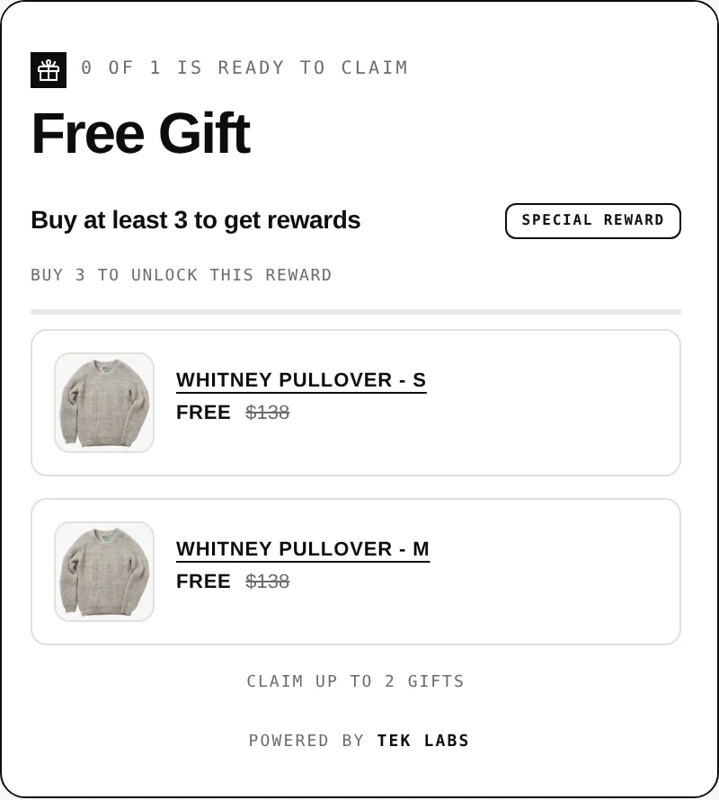 Free gift widget on a product page: buy at least 3 to get rewards, claim up to 2 free Whitney pullovers
