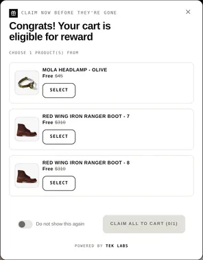Gift picker popup: congrats, your cart is eligible for a reward, choose 1 free product