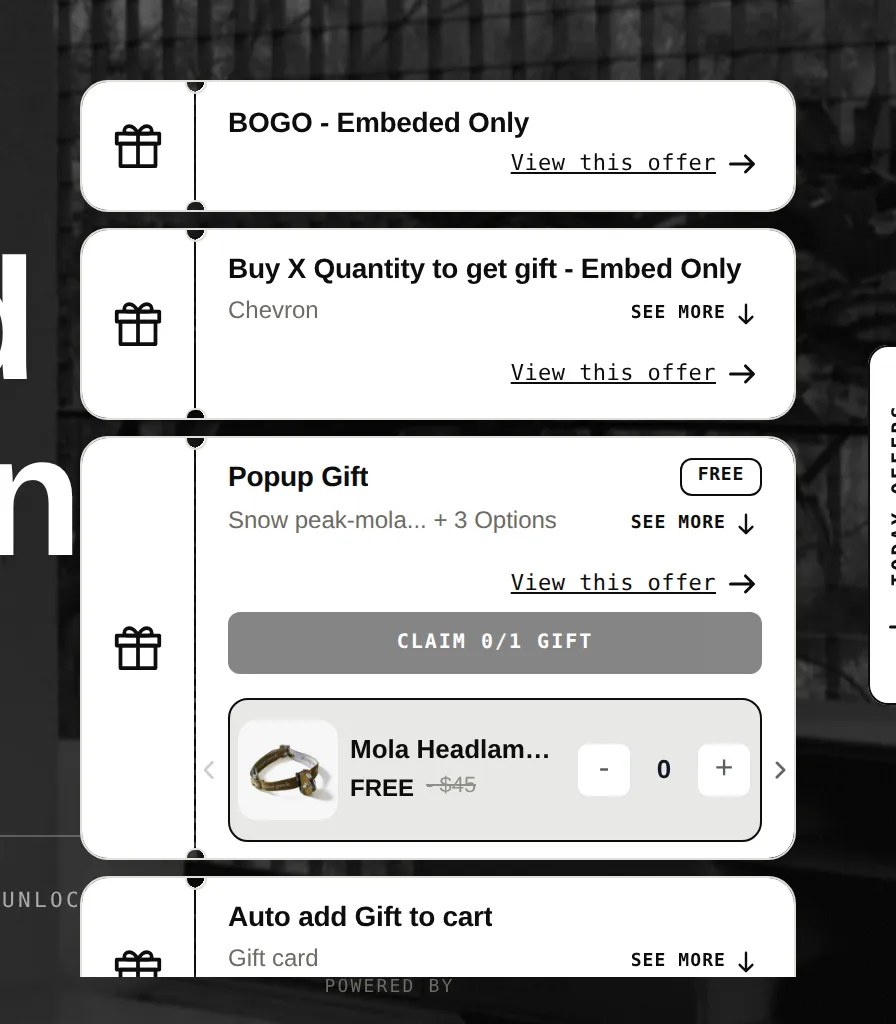 Today offers drawer listing BOGO, buy X quantity to get a gift and a popup gift with a claim button