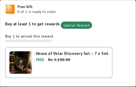Free Gifts widget live on houseofvelar.com, a fragrance / beauty store in India