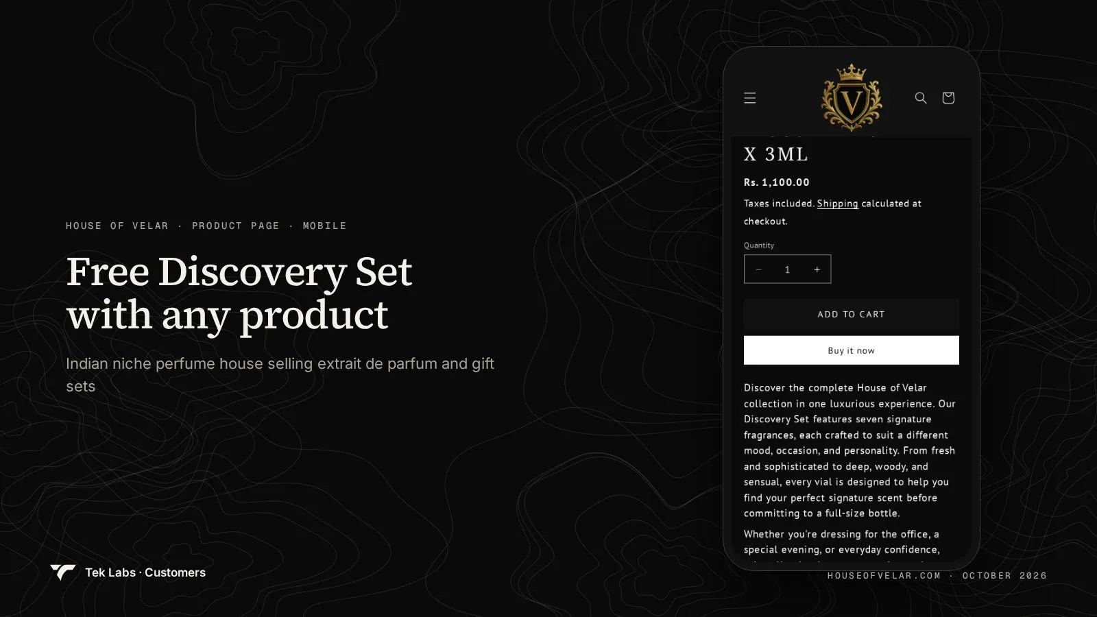 House of Velar product page, captured October 2026