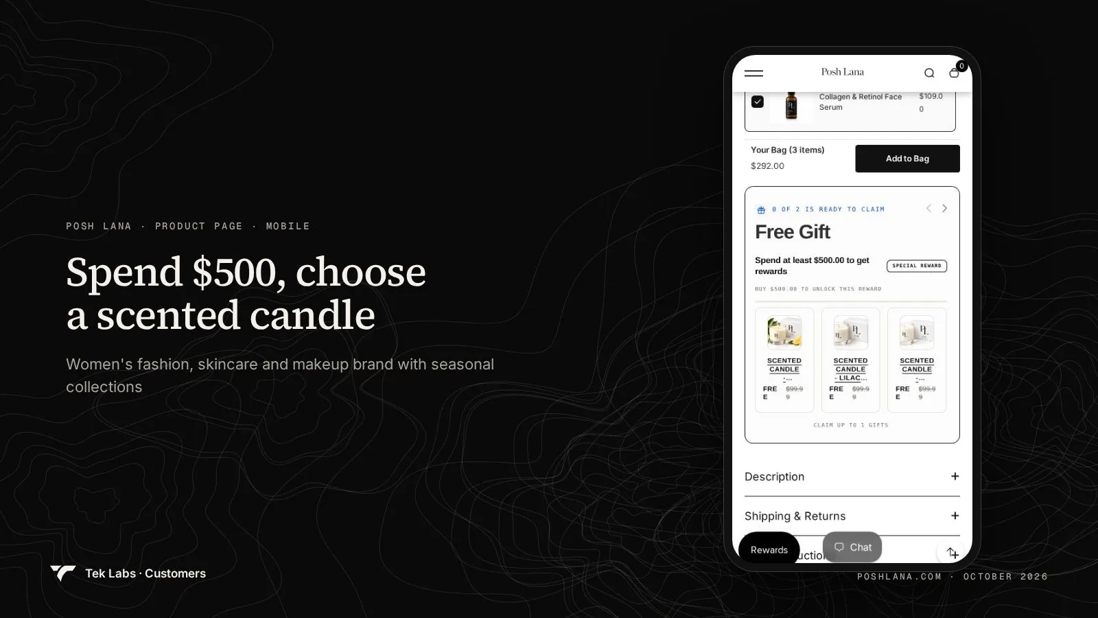 Posh Lana product page on mobile, captured October 2026