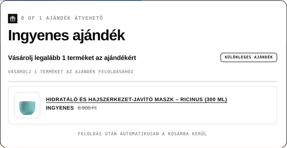 Free gift widget in Hungarian on a hair care store: buy at least 1 product, the free mask is added to the cart automatically
