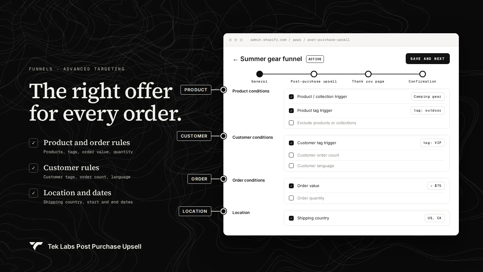 Funnel editor with product, customer, order and location conditions