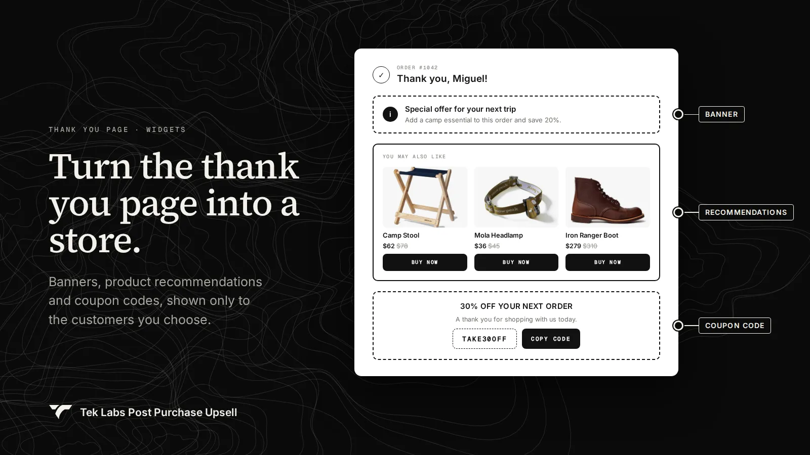 Thank you page with special offer, product recommendation and coupon widgets