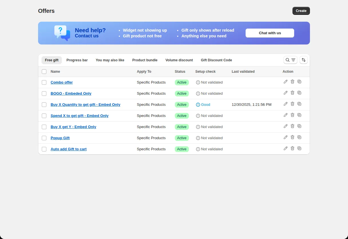 Tek Labs Gifts and Upsell Offers list with the Name, Apply To, Status, Setup check and Last validated columns