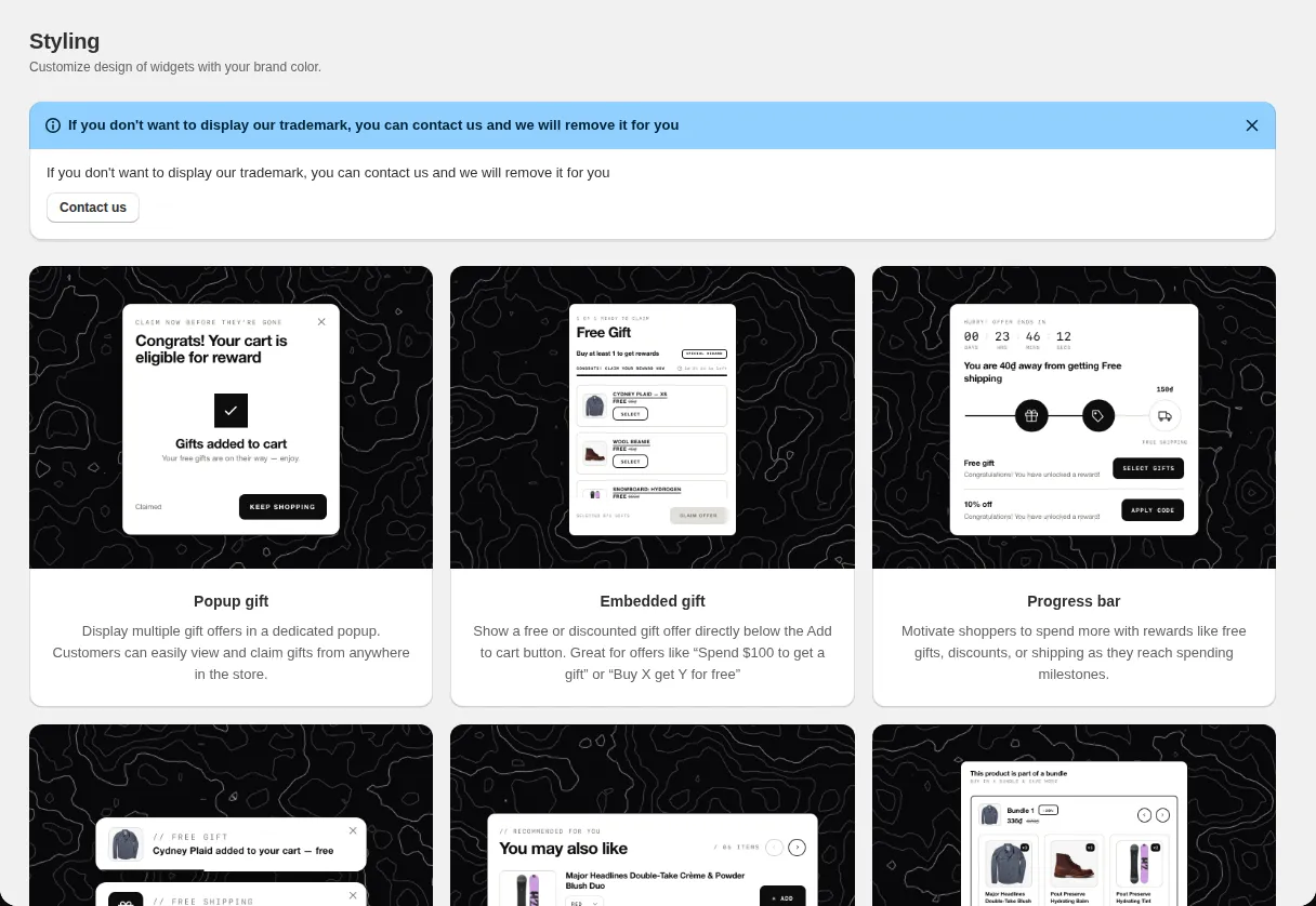 Tek Labs Gifts and Upsell Styling page listing the widget cards: Popup gift, Embedded gift, Progress bar, Notifications, Product Selector, Product bundle and Volume discount