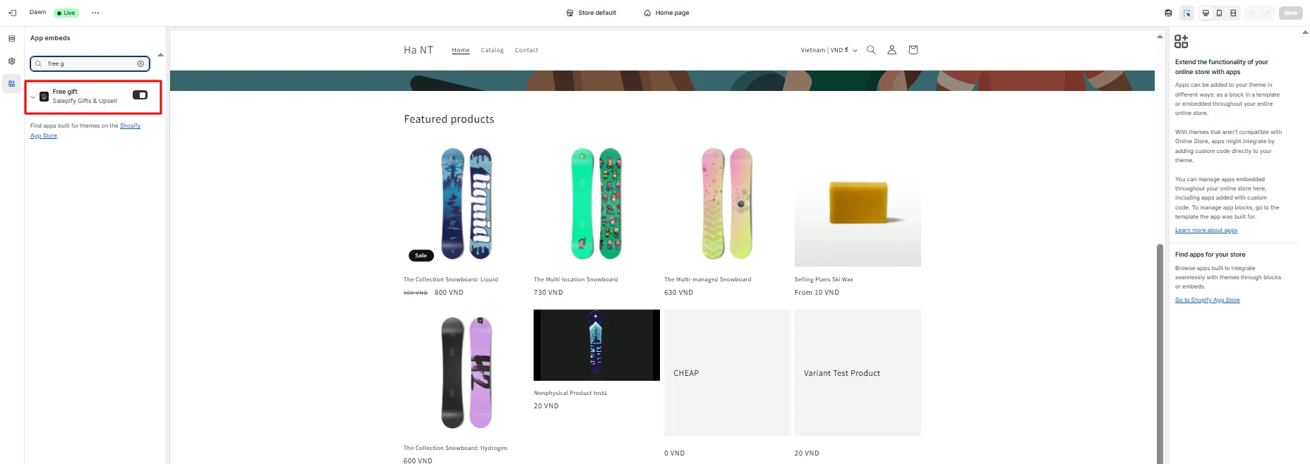 Shopify theme editor App embeds list with the Free gift (Salepify Gifts and Upsell) app embed switched on and highlighted