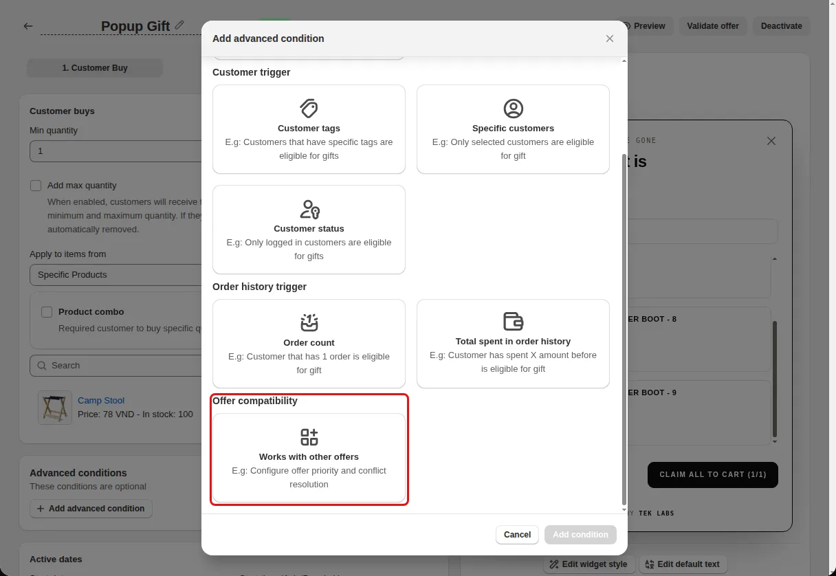 Add advanced condition dialog scrolled down with the Offer compatibility option Works with other offers highlighted