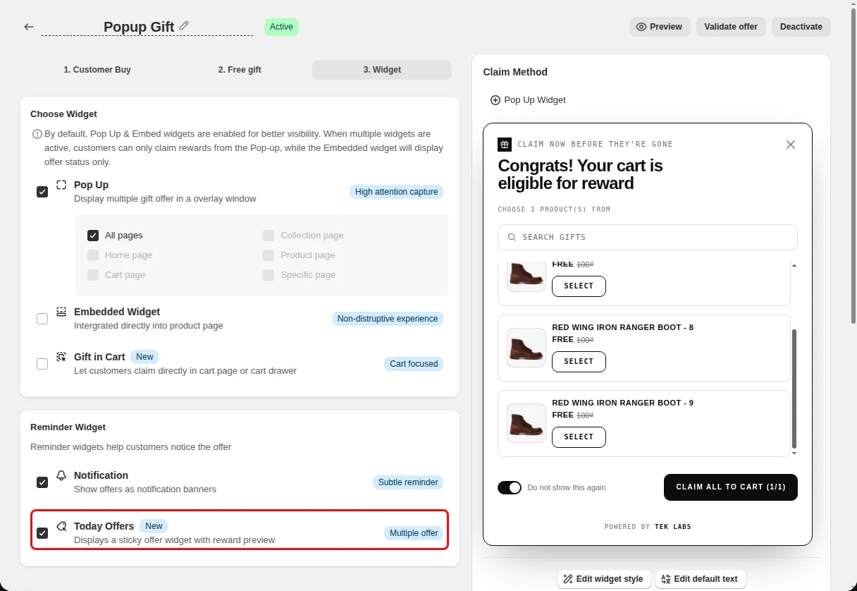 Free Gift offer editor Widget step with the Today Offers option highlighted under Reminder Widget