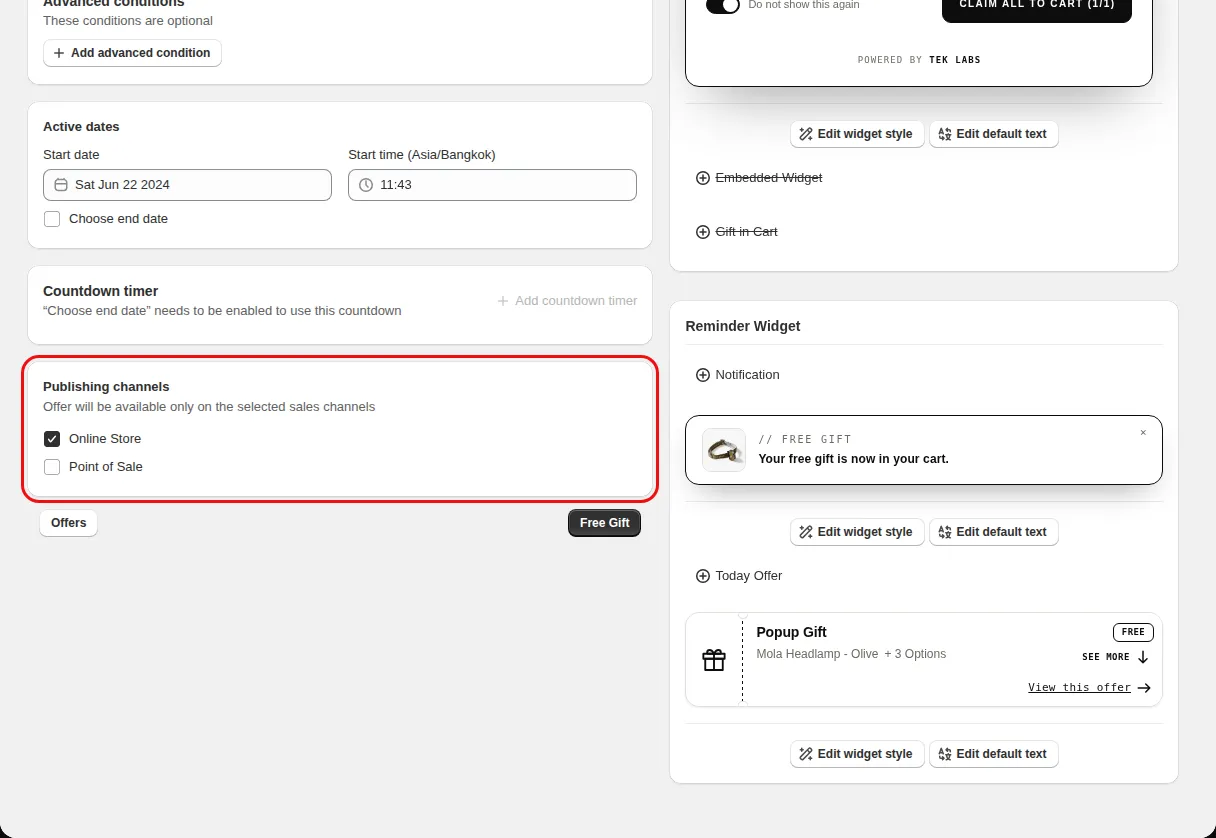 Free Gift offer editor Condition step with the Publishing channels card highlighted, showing Online Store and Point of Sale
