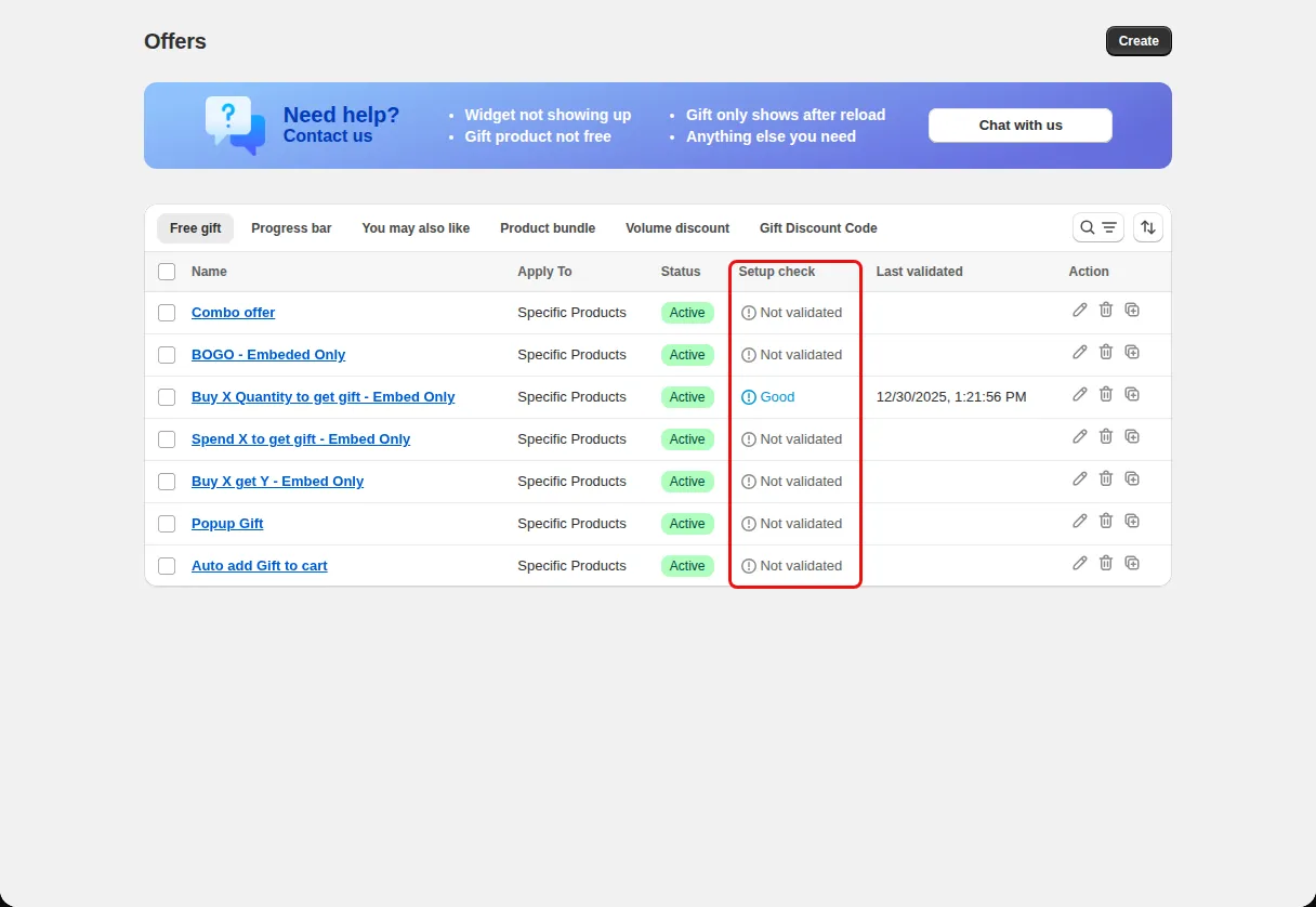 Offers list with the Setup check column highlighted, showing Not validated and Good results for each offer