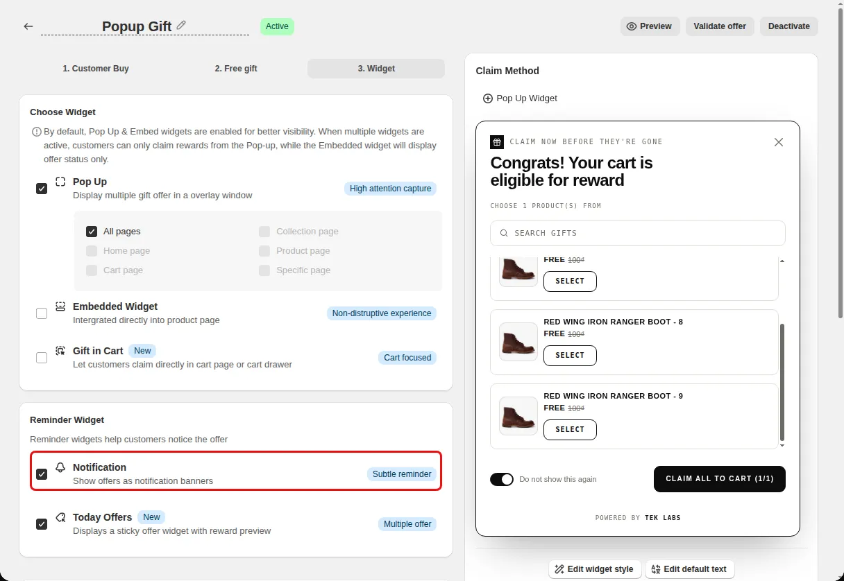 Free Gift offer editor Widget step with the Notification option highlighted under Reminder Widget
