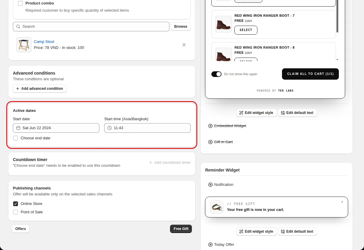 Free Gift offer editor Condition step with the Active dates card, Start date, Start time and Choose end date checkbox highlighted