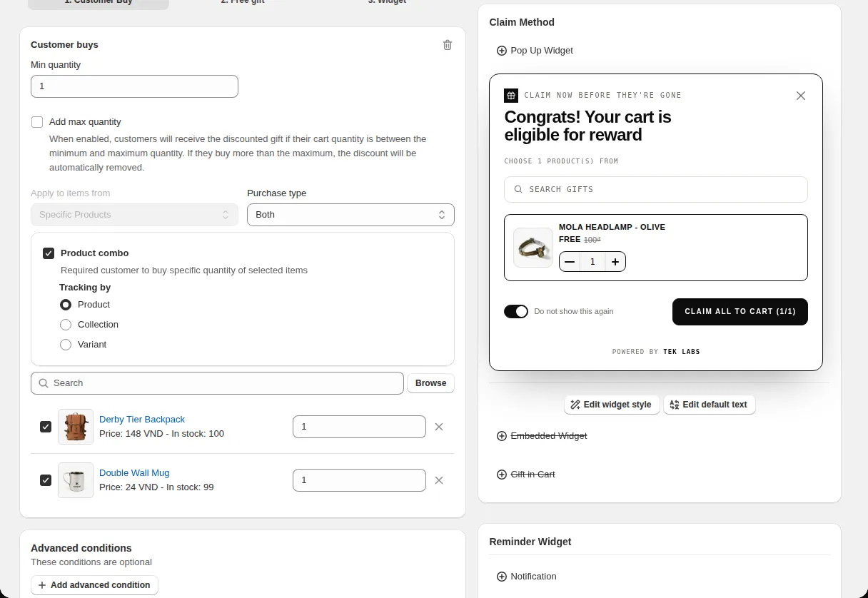 Free Gift offer editor Condition step with the Product combo option checked, showing the required items and their quantities