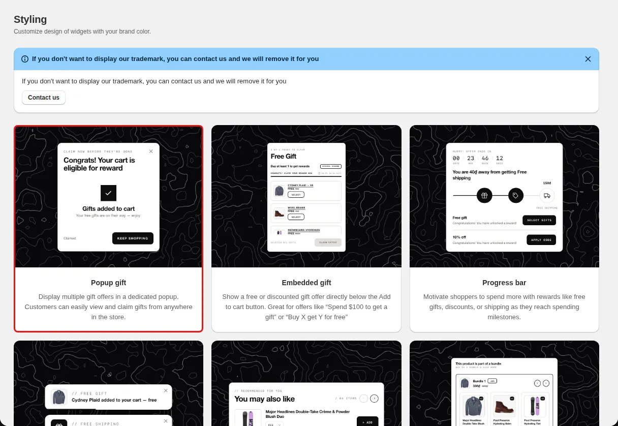 Styling page with the Popup gift widget card highlighted among the widget cards