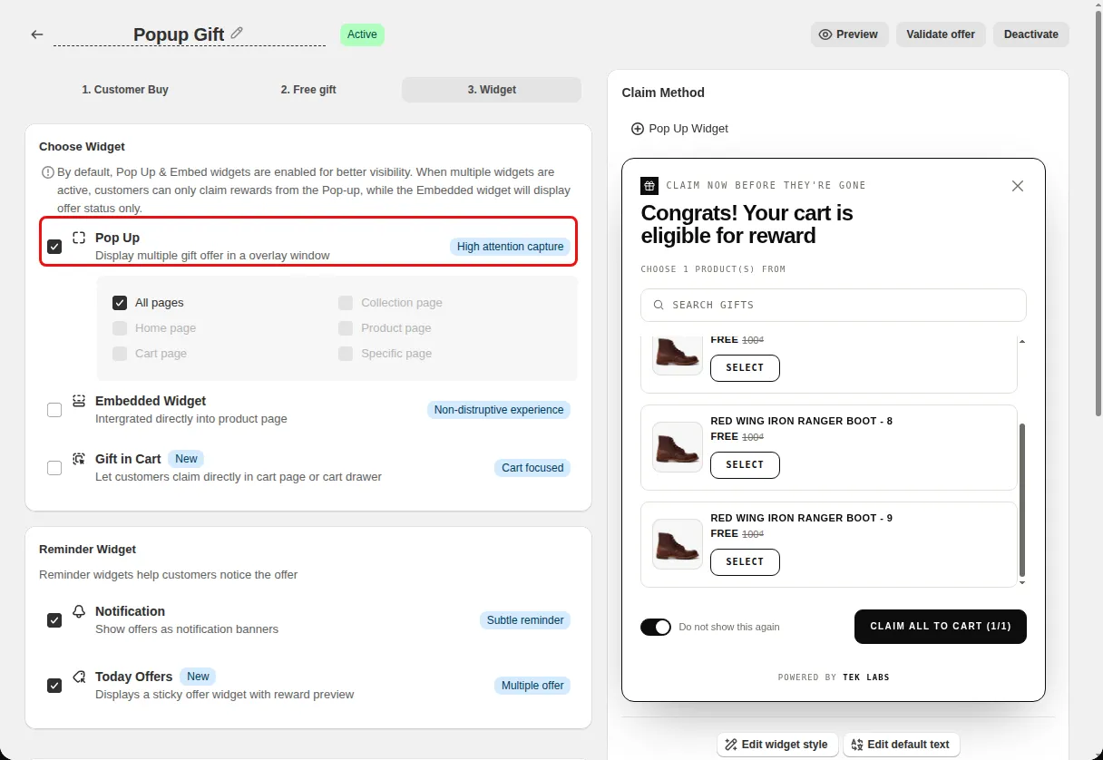 Free Gift offer editor Widget step with the Pop Up widget option highlighted under Choose Widget