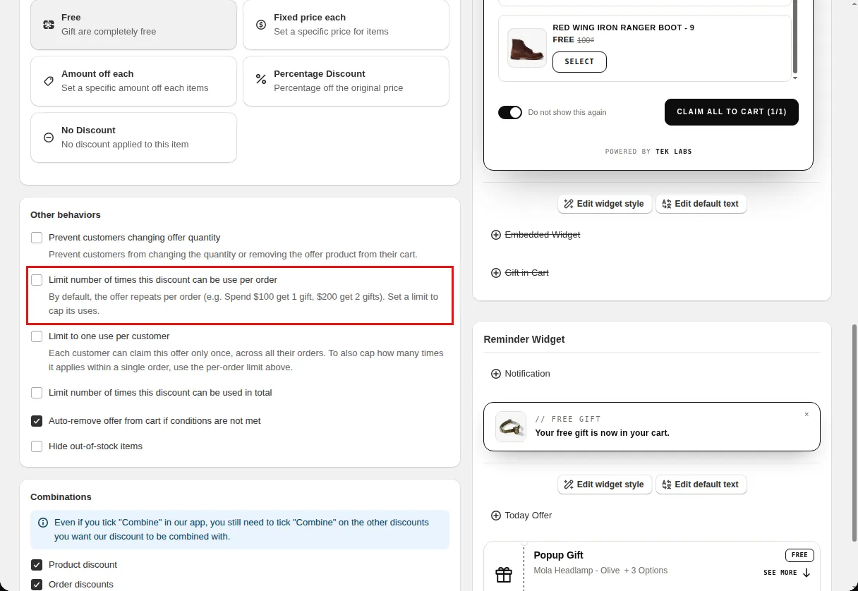 Free Gift offer editor Reward step Other behaviors section with the per order usage limit option highlighted
