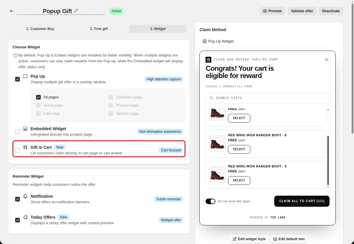 Free Gift offer editor Widget step with the Gift in Cart option highlighted under Choose Widget