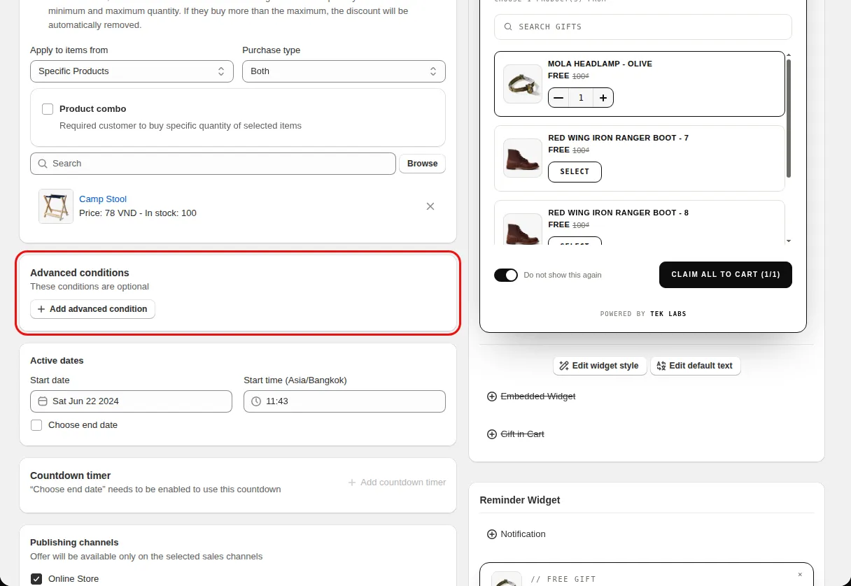 Free Gift offer editor Condition step with the Advanced conditions card (optional conditions) highlighted
