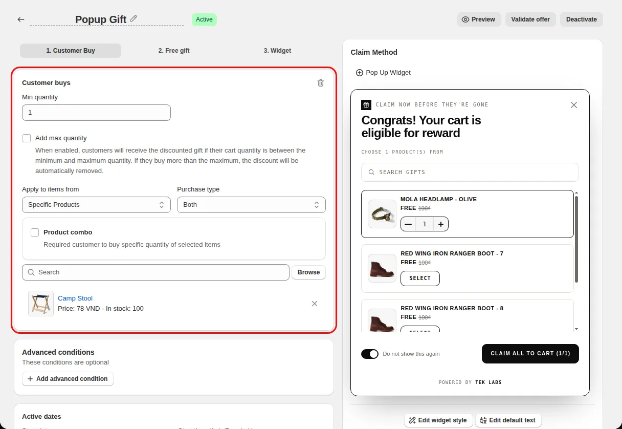 Free Gift offer editor Condition step with the Customer buys card and Min quantity field highlighted