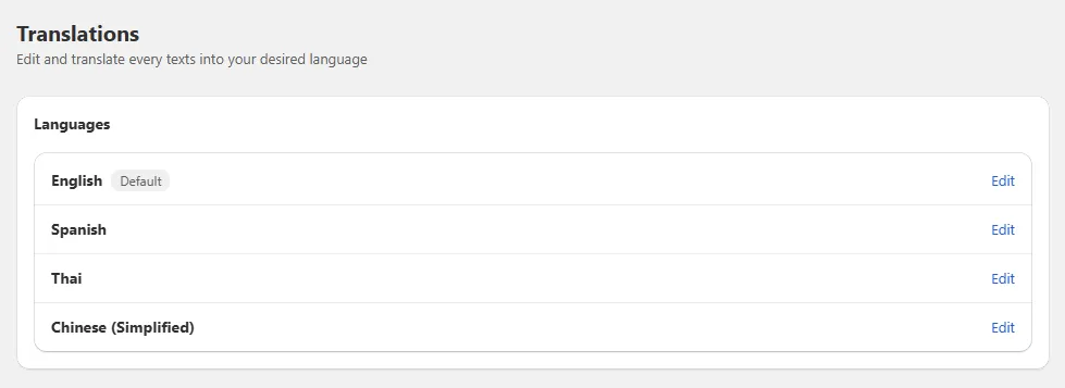 Salepify Translations page listing English (default), Spanish, Thai and Chinese (Simplified) with an Edit link per language