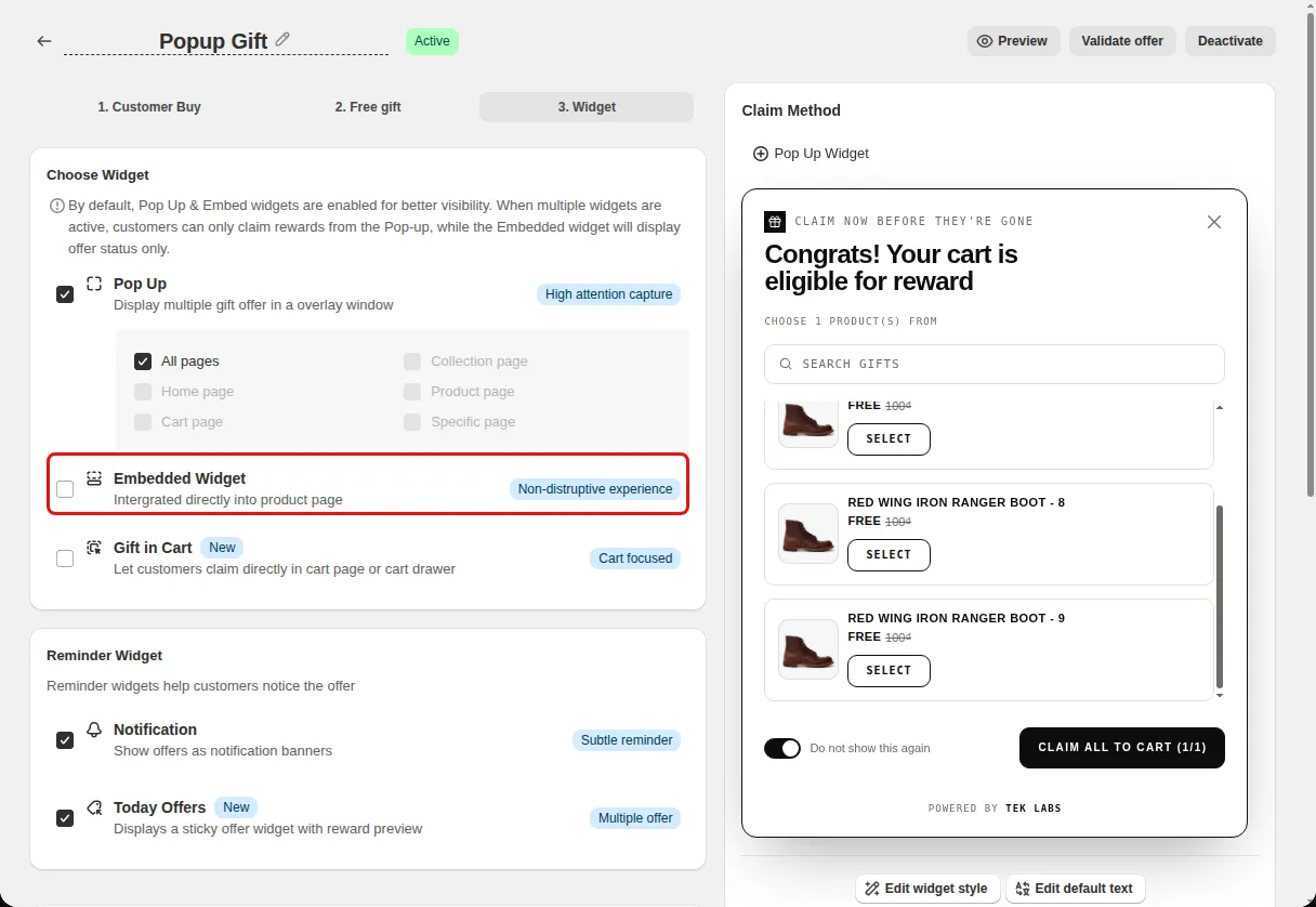 Free Gift offer editor Widget step with the Embedded Widget option highlighted under Choose Widget