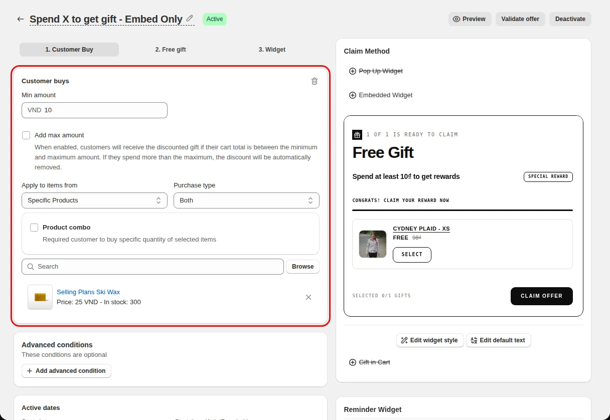 Free Gift offer editor Condition step with the Customer buys minimum amount field highlighted