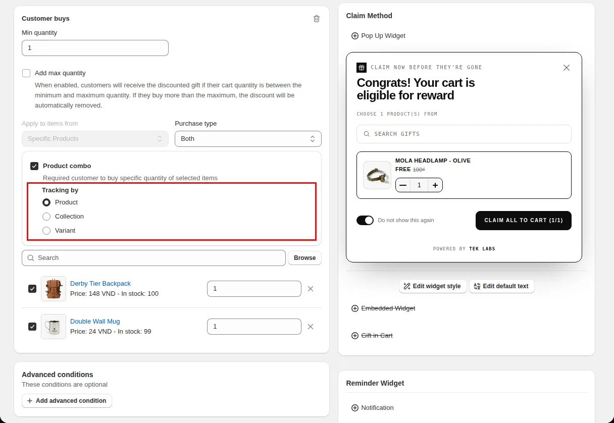 Free Gift offer editor Condition step with the Tracking by selector and required quantity for each combo item highlighted