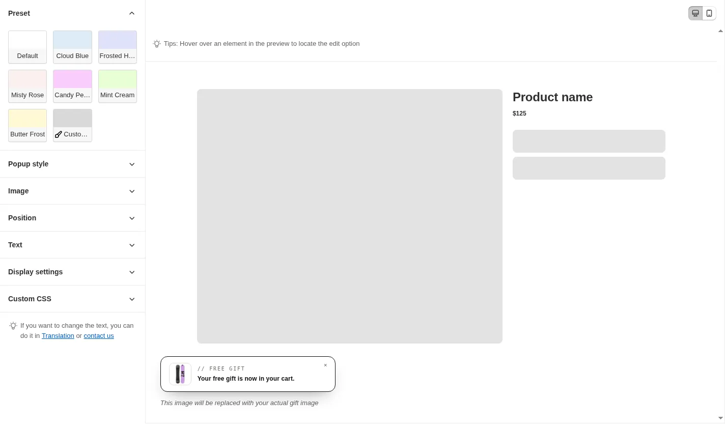 Notifications style editor with the settings list for position, animation, image and duration next to the live notification preview