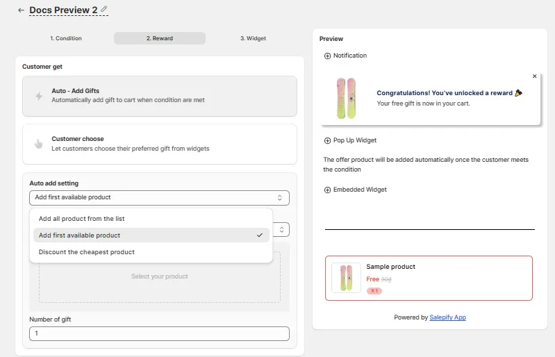 Free Gift Reward step with the Auto add setting dropdown open showing the Discount the cheapest product option