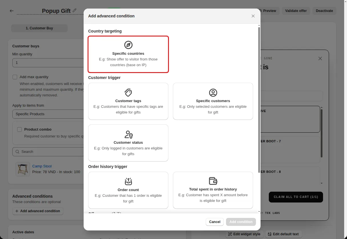 Add advanced condition dialog with the Country targeting option Specific countries highlighted