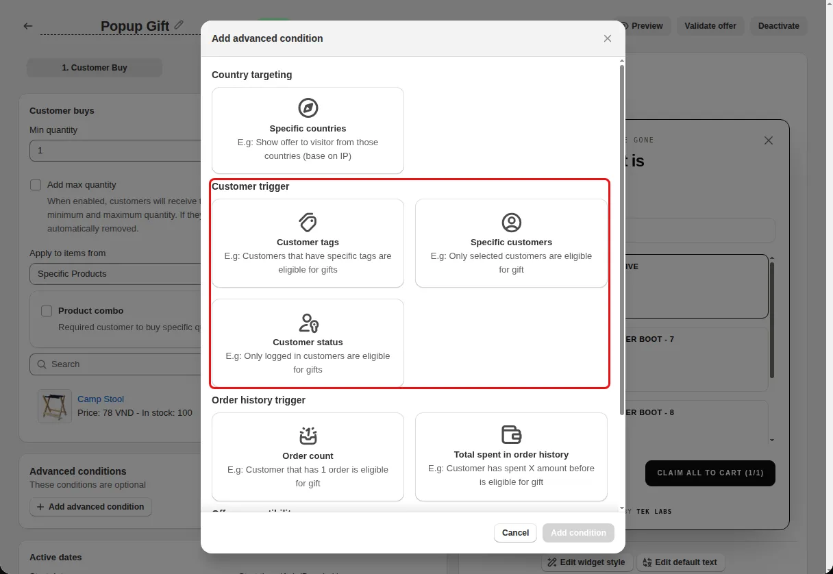 Add advanced condition dialog with the Customer trigger options Customer tags, Specific customers and Customer status highlighted, above the Order history trigger options