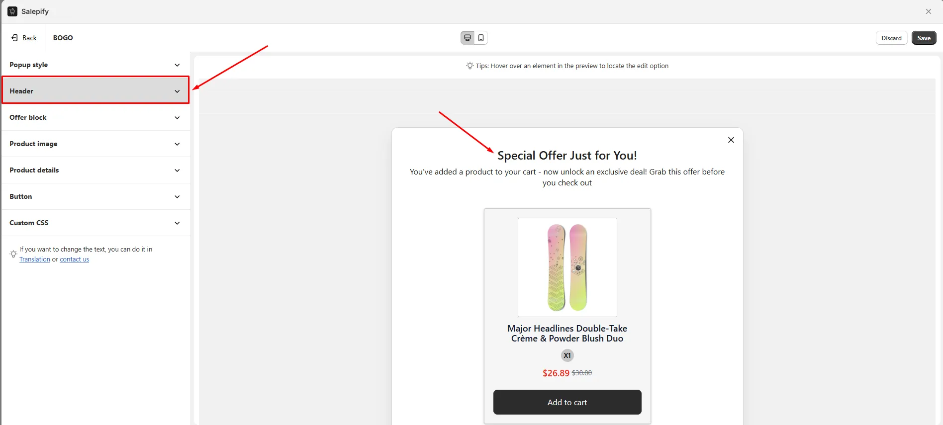 Salepify BOGO widget styling editor with a section list in the side panel and a live popup preview with a hover tip