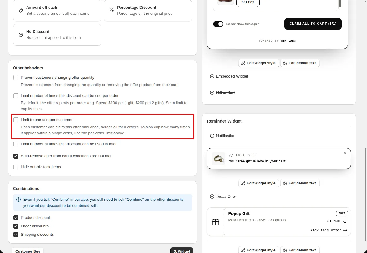 Free Gift offer editor Reward step with the Limit to one use per customer and total usage limit options highlighted