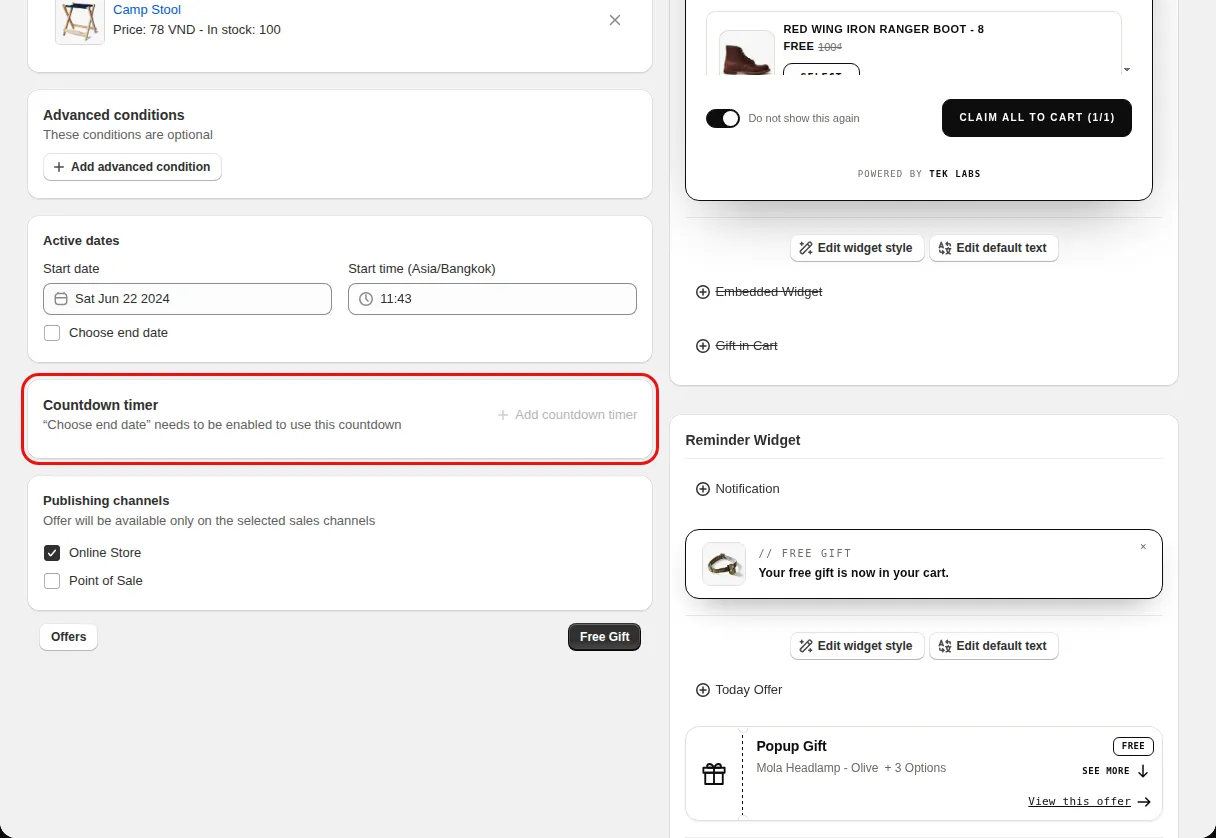 Free Gift offer editor Condition step with the Countdown timer card and its Add countdown timer button highlighted