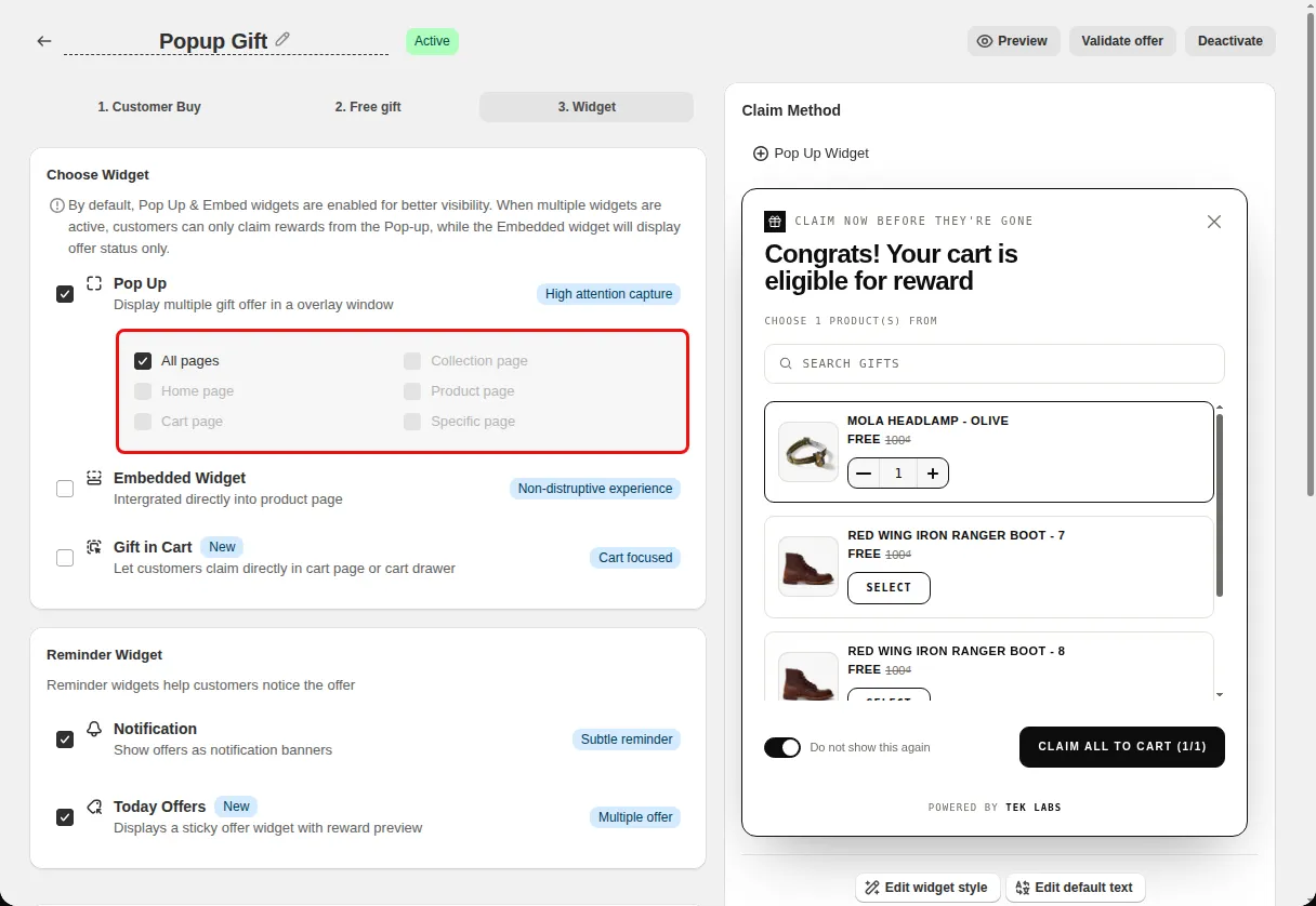 Free Gift offer editor Widget step with the page selector under the Pop Up widget highlighted, showing All pages, Collection page, Home page, Product page, Cart page and Specific page