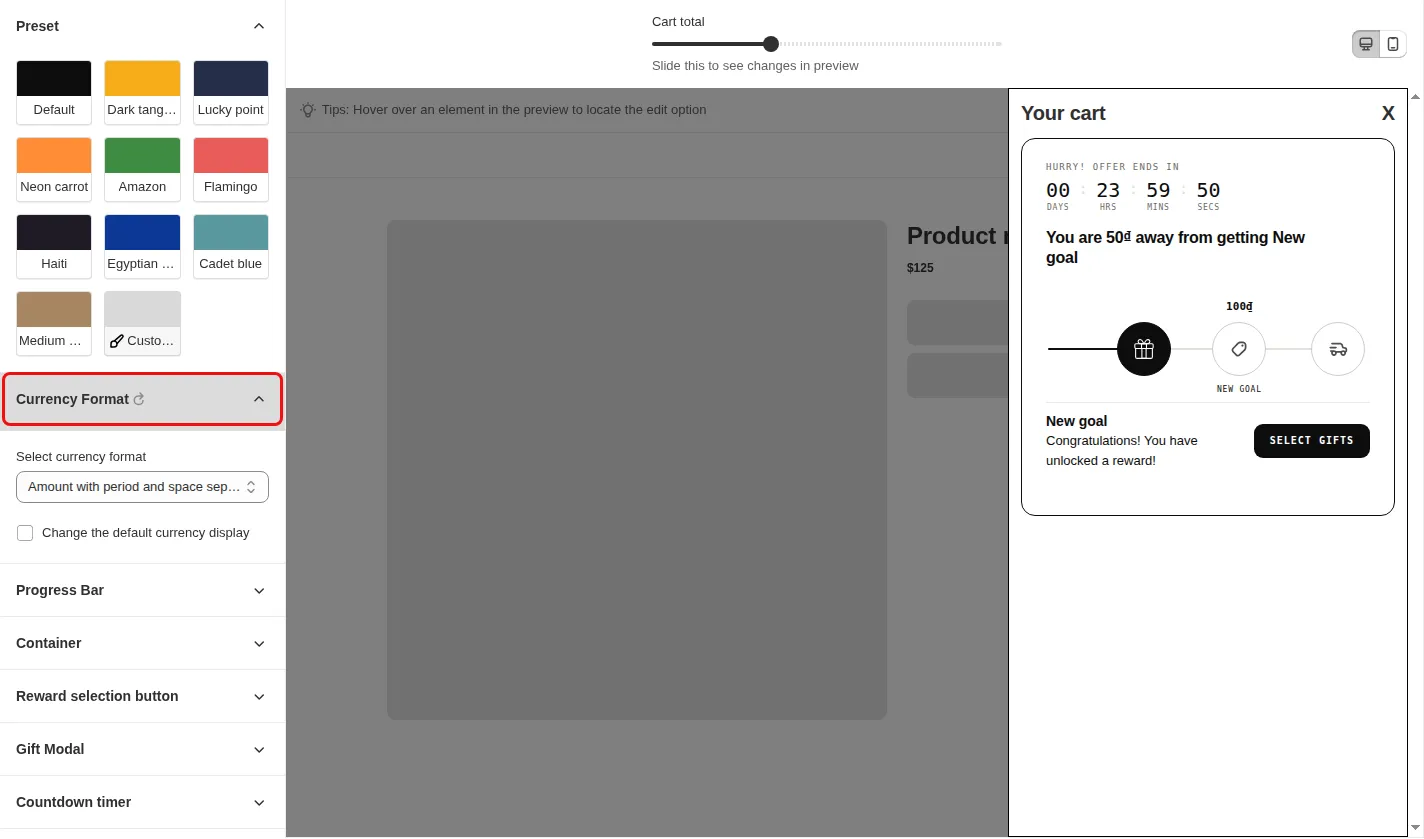 Progress bar style editor with the Currency Format section expanded in the settings list, above Progress Bar, Container and Reward selection button