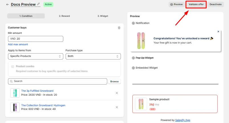 Free Gift offer editor with the Validate offer button highlighted next to Preview and Deactivate