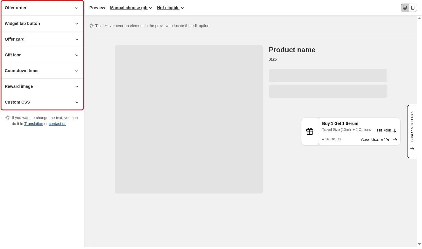Today Offers style editor with the settings list highlighted: Offer order, Widget tab button, Offer card, Gift icon, Countdown timer, Reward image and Custom CSS