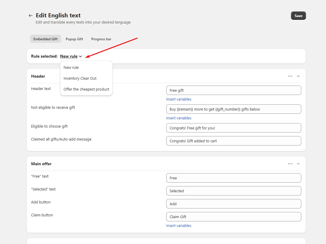 Salepify Edit English text page with Embedded Gift, Popup Gift and Progress bar tabs, a rule selector dropdown and header and main offer text fields