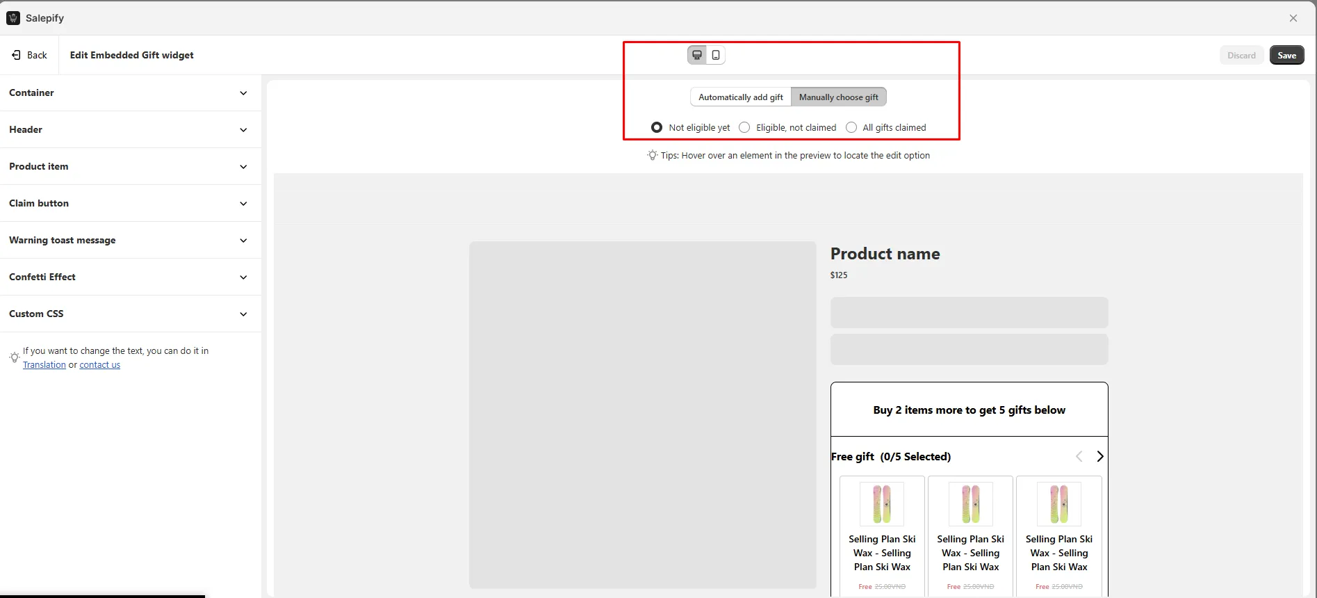 Salepify Edit Embedded Gift widget styling editor with Container, Header, Product item, Claim button and Custom CSS sections and a product page preview