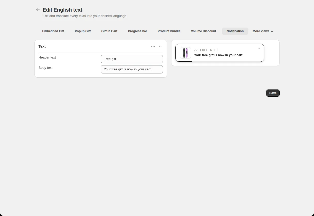 Translations Edit English text page with the Notification tab selected, showing the Header text and Body text fields next to a live preview