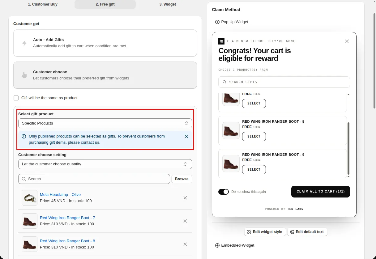 Free Gift offer editor Reward step with Select gift product, the product selector and the chosen gift products highlighted