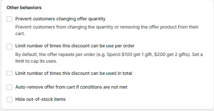 Free Gift Reward step Other behaviors card with checkboxes for limiting uses per order and in total, auto-remove and hiding out-of-stock items