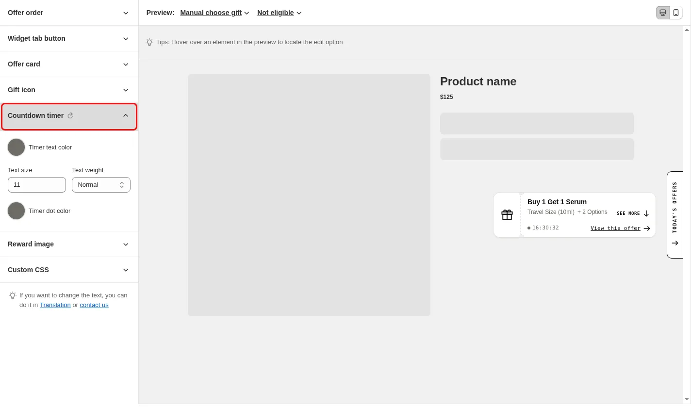 Today Offers style editor with the Countdown timer section expanded in the settings list