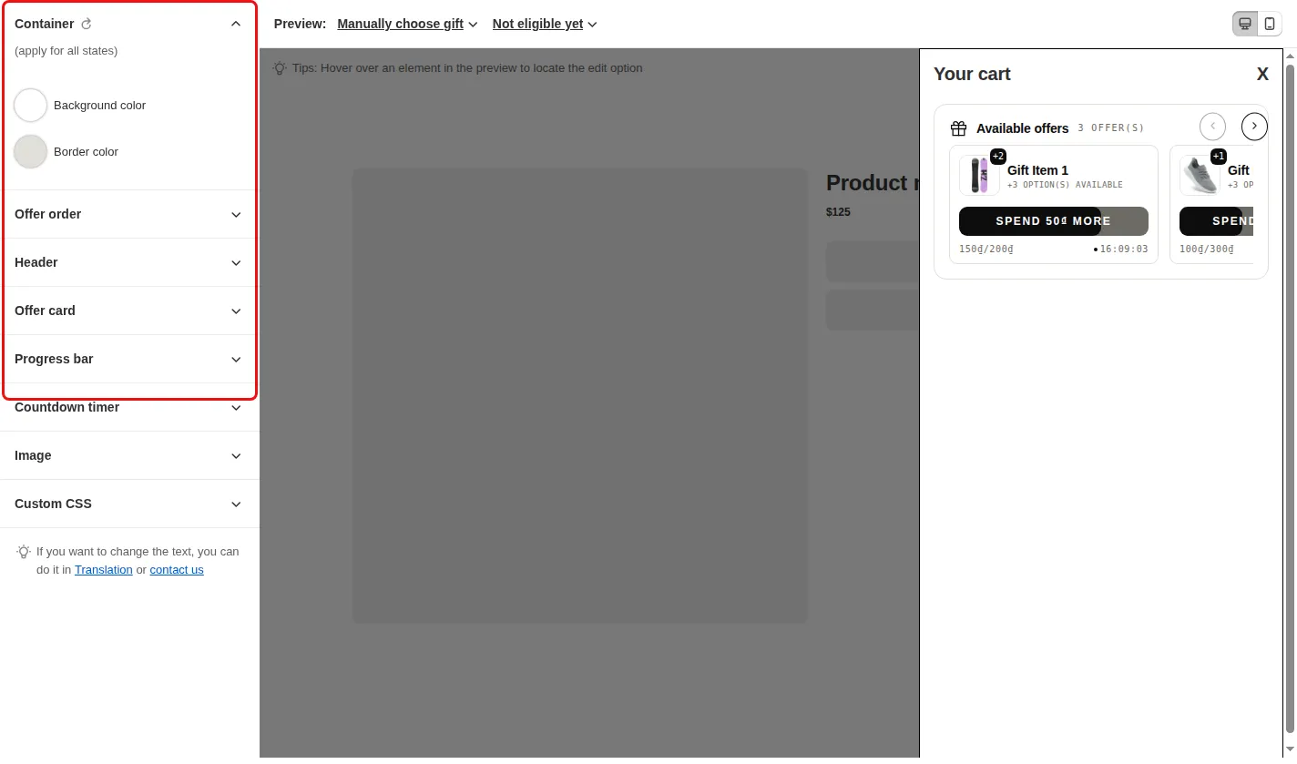 Gift In Cart style editor with the settings list highlighted: Container, Offer order, Header, Offer card, Progress bar, Countdown timer, Image and Custom CSS