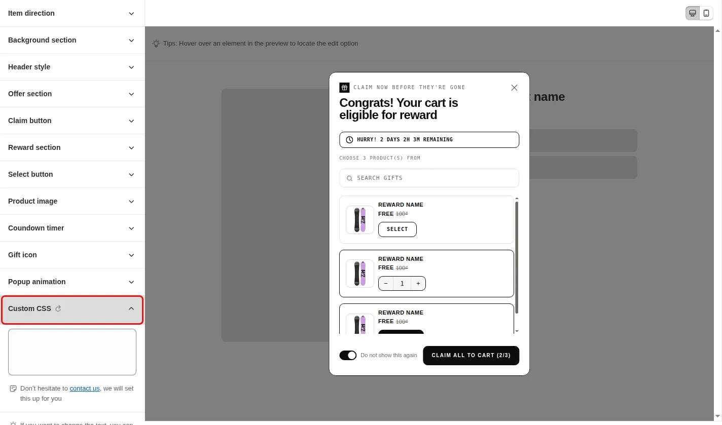Popup gift style editor with the Custom CSS section expanded in the left settings list next to the live popup preview